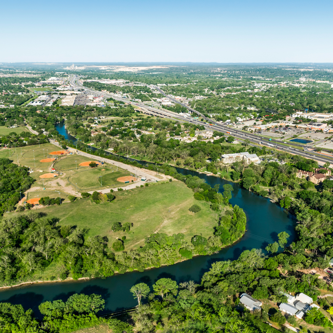 Aerial view of bend in the Guadalupe River, I-35, New Braunfels, TX